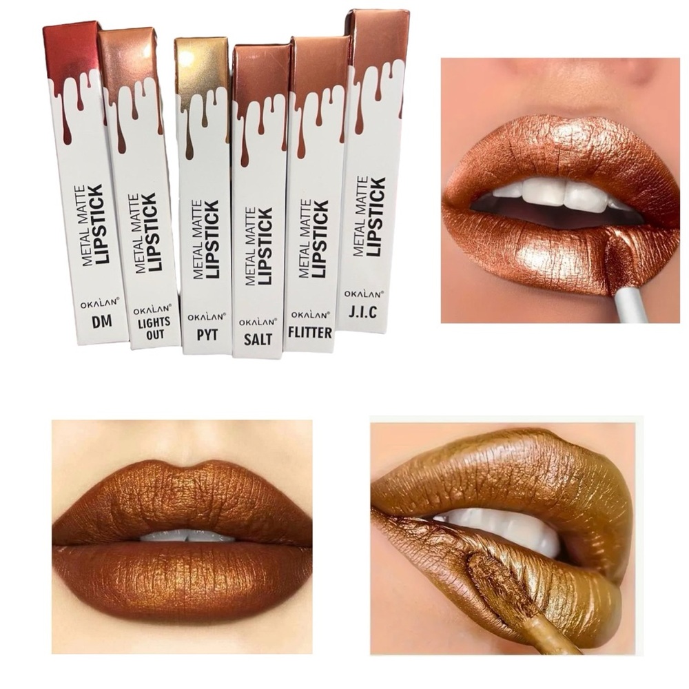 NEW-Okalan 6-pc Metallic Liquid Lipstick Set, KISS-PROOF,All day wear.